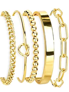 Gold Bracelets for Women Non Tarnish, 14K Gold Plated Sterling Silver Chunky Cuff Bracelet Stackable Gold Bangles Bracelet for Women Trendy Fashion Accessories Tie Knot Cuban Rope Paperclip Beaded Bracelet Stack Jewelry Valentines Day Gifts