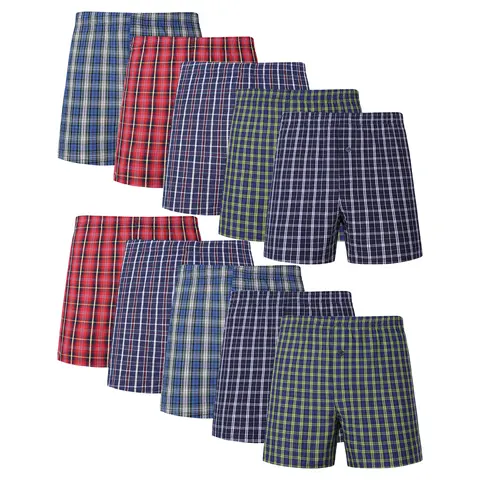 JupiterSecret 10-Pack Men's 100% Cotton Plaid Woven Boxer Shorts Underwear, Soft Breathable Fabric, Classic Elastic Waistband, Relaxed Fit, Assorted Colors