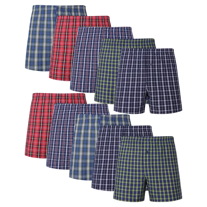 JupiterSecret 10-Pack Men's 100% Cotton Plaid Woven Boxer Shorts Underwear, Soft Breathable Fabric, Classic Elastic Waistband, Relaxed Fit, Assorted Colors