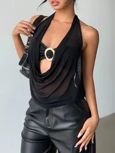 Women Black Sheer Halter Neck Cowl Top Backless Draped Chiffon Blouse Sleeveless Loose Fit Sexy Layering Y2K Streetwear Summer Going Out Party Club Chic Fitted Top