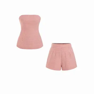 Cider Cotton-blend Gingham Knotted Strapless Top & Mid Rise Pleated Shorts Set