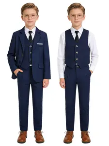 Boys 4-Piece Formal Suit Set ,Blazer + Vest + Pants + Bow Tie , Elastic Waist ,2 Colors: Black/Navy ,Sizes 100-150cm , For Weddings, Performances & Formal Occasions (No Shirt Included)