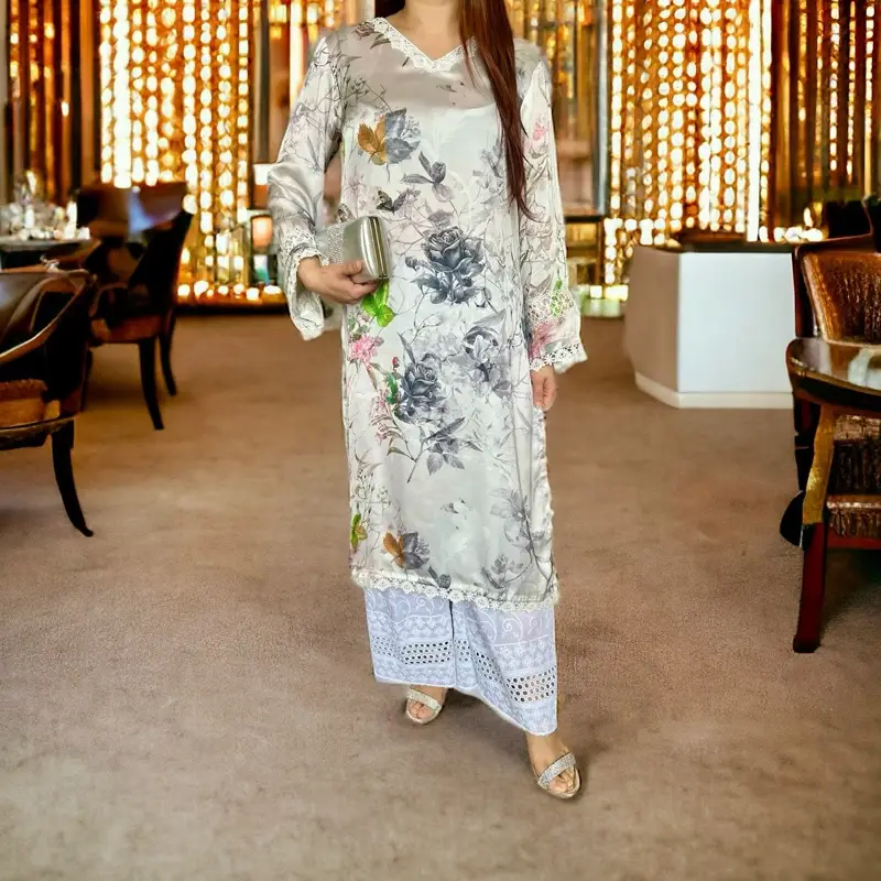 Floral Silk Kurti with White Palazzo Pant, Pakistani Dress 2-Piece Set, Elegant Design, Perfect for Parties