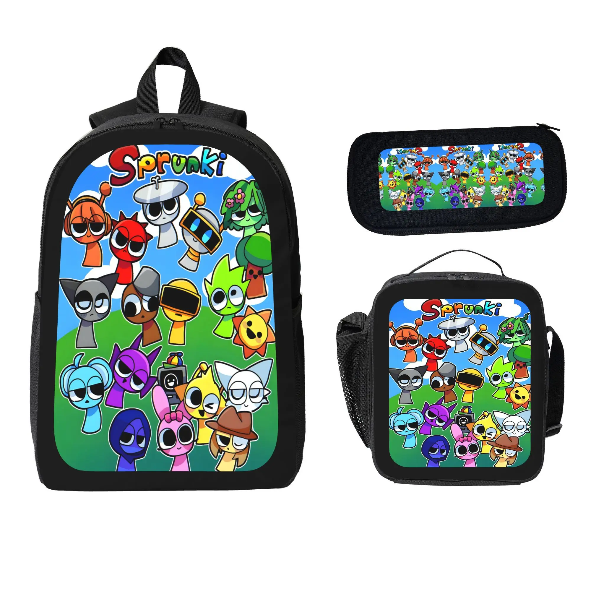 3PCS Sprunki Backpack Set with Lunch Bag and pencil case and Large Capacity Backpack suit for student,middle school sprunki backpack back  bag