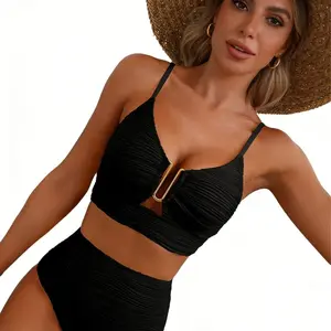 Black Textured High Waisted Bikini Set with Gold U-Ring