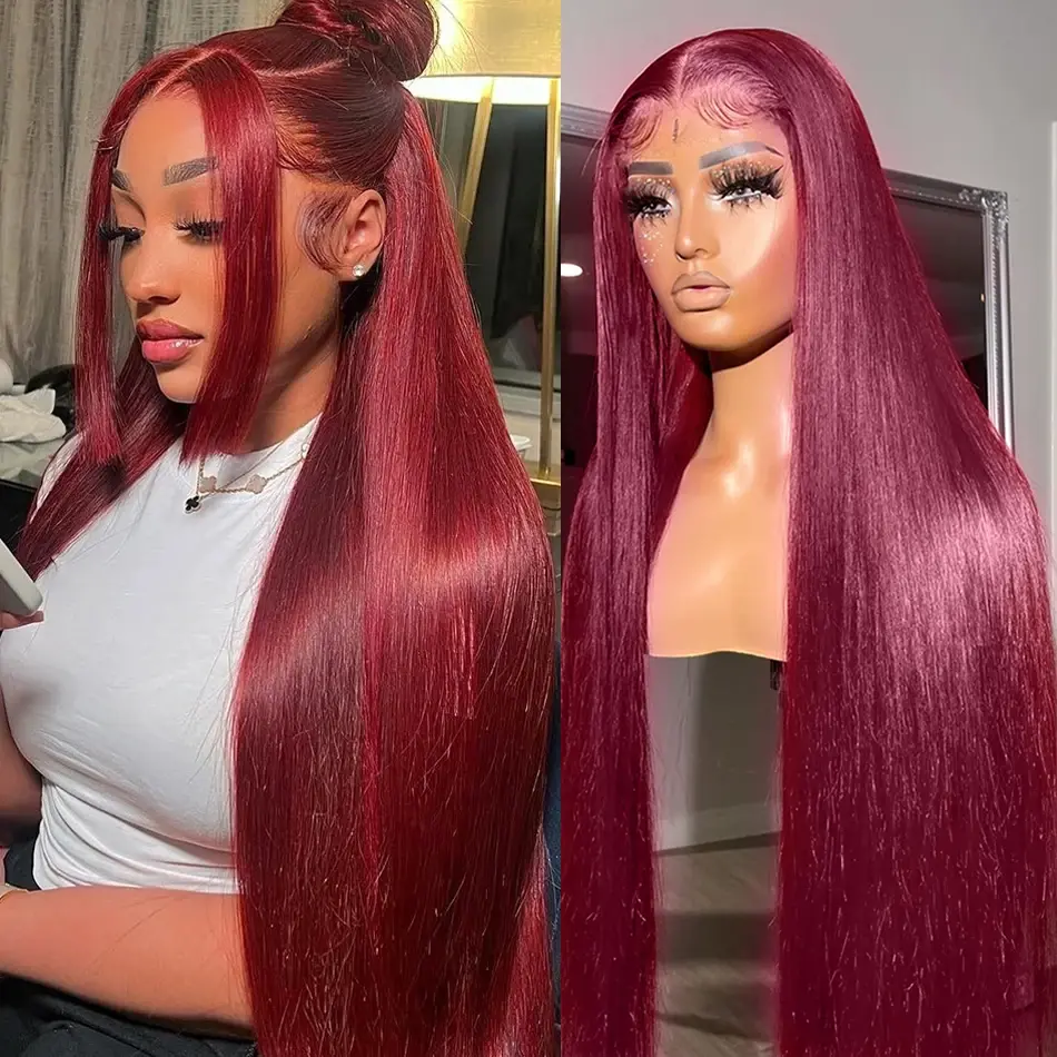30 32 Inch 99J Burgundy Colored 13x4 Lace Front Wig Smooth Straight Red Color 13x6 Lace Frontal Wigs For Women Bling Hair