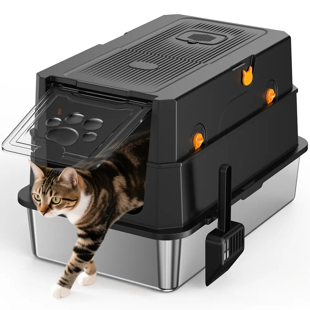 3-in-1 Fully Enclosed Stainless Steel Cat Litter Box, Large Anti-Leak Odor Control Kitty Litter Tray, Scratch Resistant Easy Clean Giant Cat Toilet for Large Multiple Cats with Full Accessories