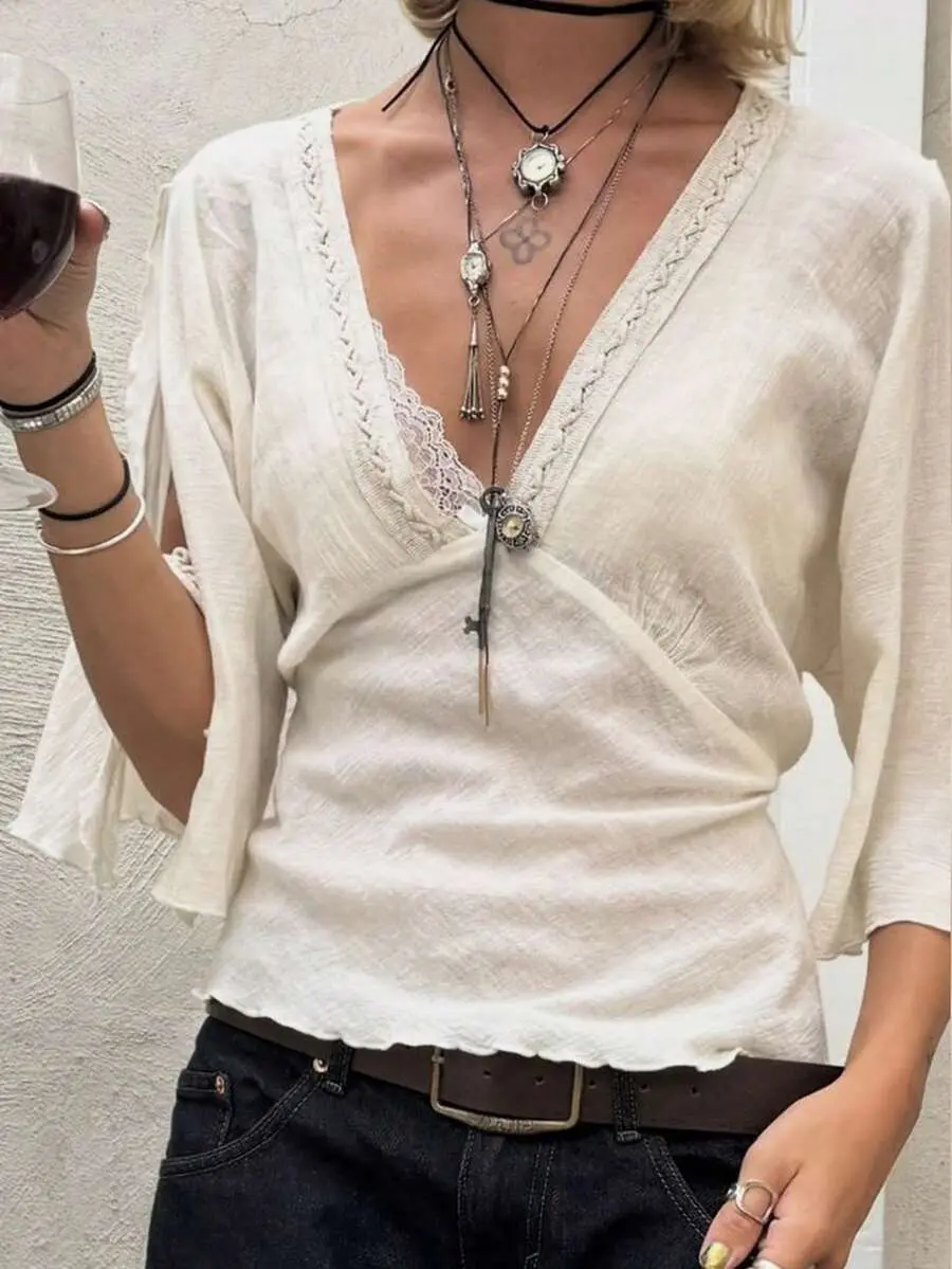 Bohina Women's Cream White Summer Elegant Boho Holiday Vacation Holiday Blouse,V-Neck Cinched Waist Embroidered Split Sleeve Breathable Tops
