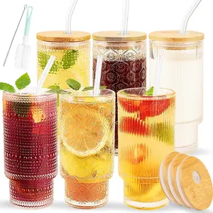 Glass Cups Set with Straw/Bamboo Lid,12 oz Stackable Serving Drinking Glasses, Ideal for Whiskey/Cocktails/Juice/Coffee/Beer, Dishwasher Safe,3 Patterns of Vintage Glassware Sets. (6 Pcs)