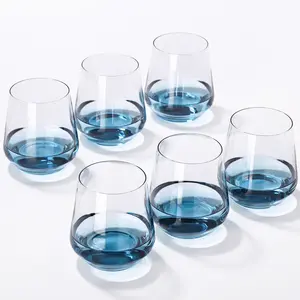 Blue Stemless Wine Glasses Set of 6 - Hand Blown White Red Stemless Wine Glass - 17 oz, [Lead-Free Crystal Glass] Large Short Glass Tumblers, Unique Gift for Birthday, New Year, Christmas