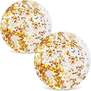 16 Inch Glitter Beach Balls, 2PCS Inflatable Swimming Pool Balls with Gold Confetti for Kids Birthday Summer Pool Party