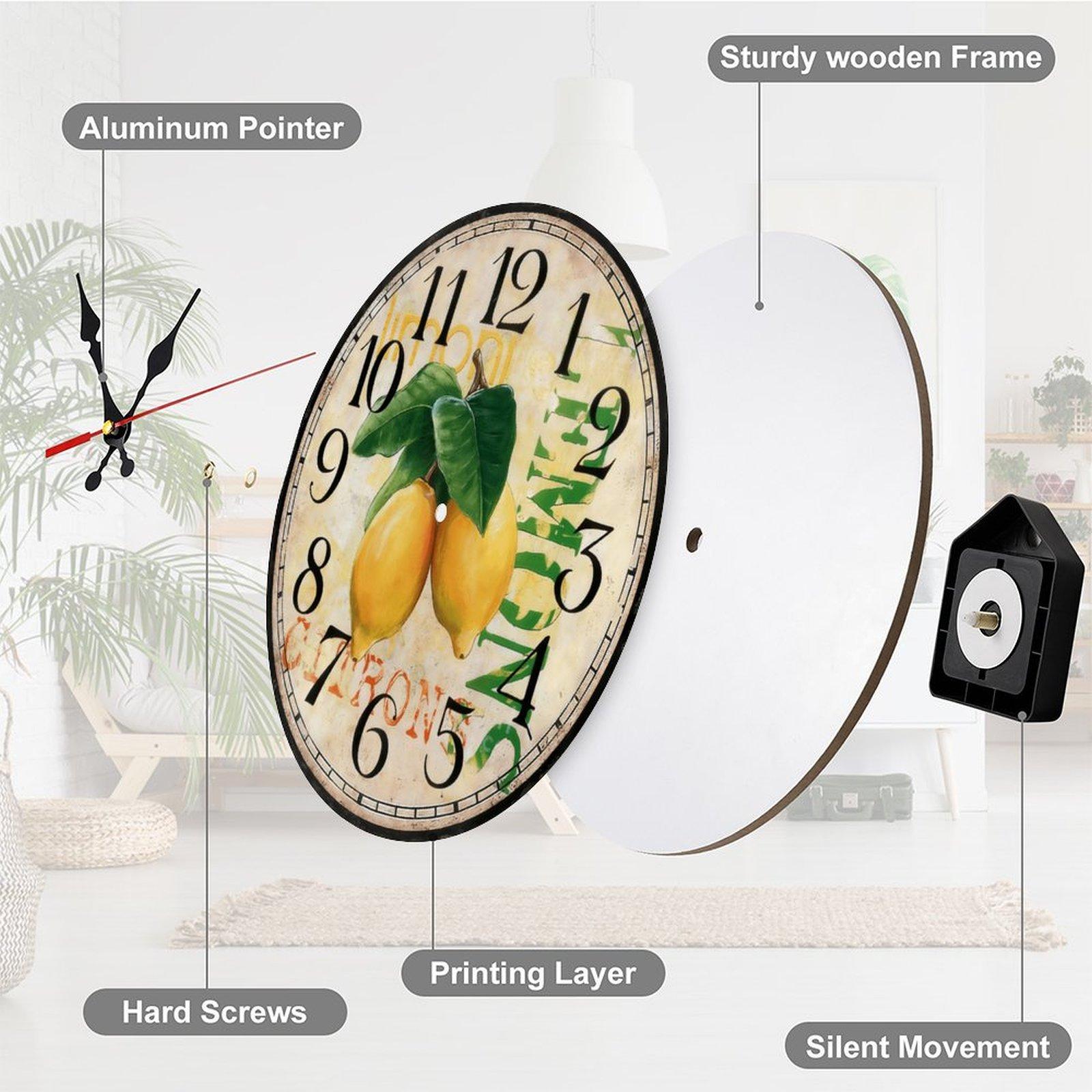 12 Inch Vintage Lemon Citrus Wooden Wall Clock | Silent Sweep Movement Rustic Farmhouse Kitchen Decor, No Battery Included, Perfect for Kitchen, Dining Room, Sunroom