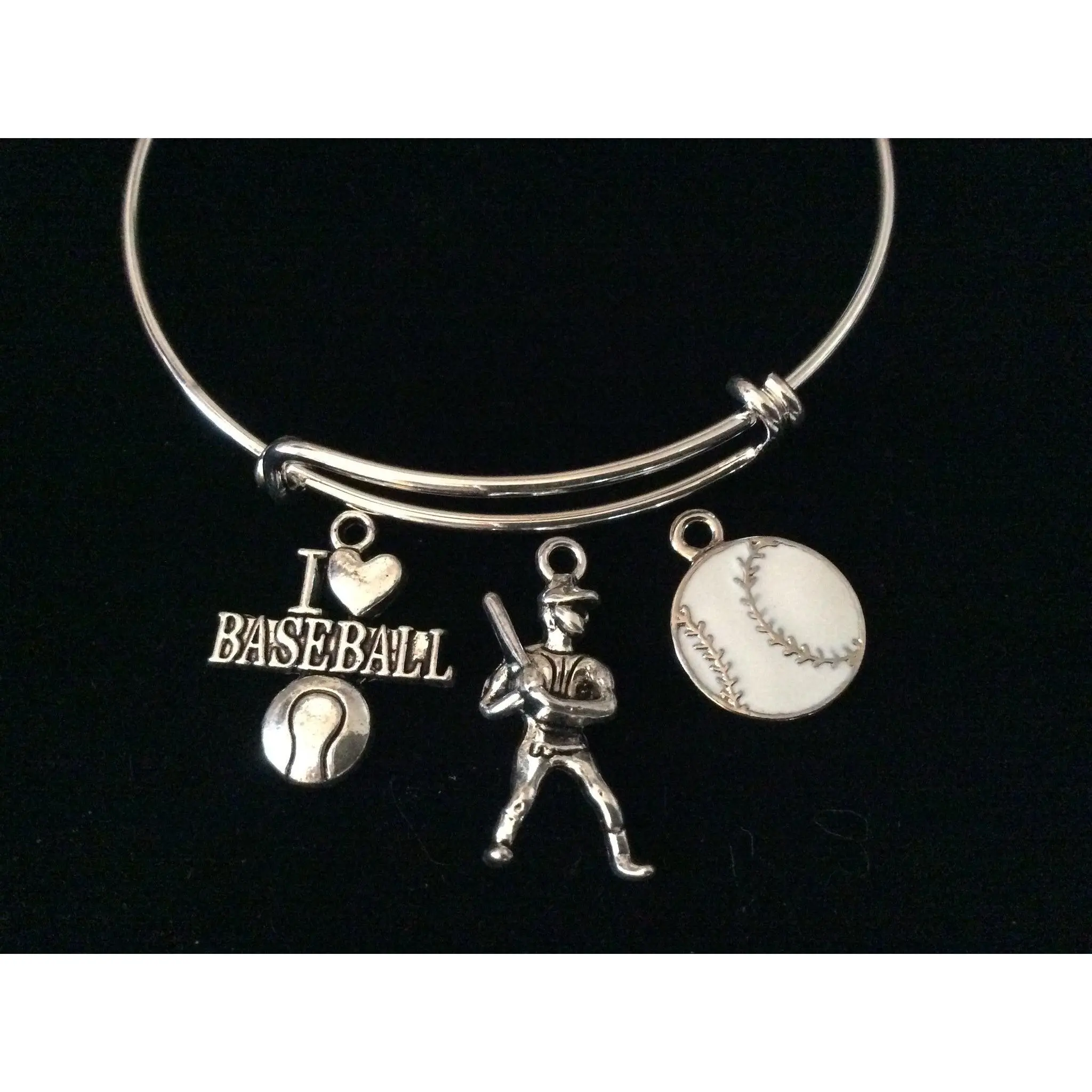 I Love Baseball Silver Expandable Charm Bracelet Adjustable Bangle Batter Sports Team Gift