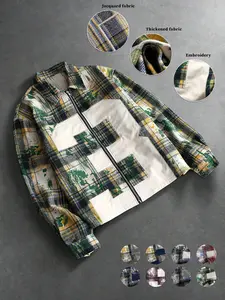 Men's Multicolor Plaid Patchwork Jacket Coats, Thick Woven Fabric, Embroidery Details, Warm Design, Fall Winter Street Style Outerwear