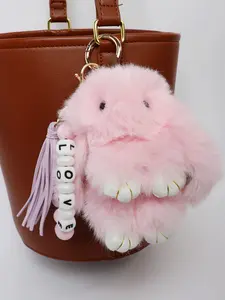 Cute Bunny Silicone Beaded Fringe Letter Love Keychain Charm, Adorable Plush Bag Pendant, Birthday Festival Gift, All Seasons, Fluffy Bunny Keychain
