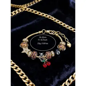 2026 New Y2K Leopard Print Cherry Charm Bracelet with Rhinestone Decor, Trendy Iron Chain Fashion Jewelry for Women, All-Season Versatile Accessory & Ideal Gift for Her