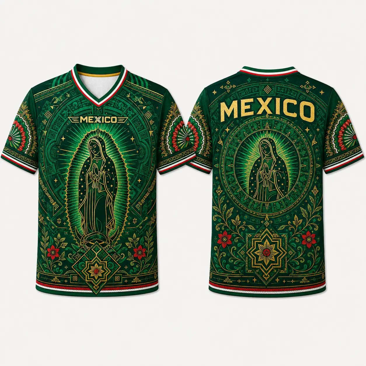 2026 Mexico Inspired Green V-Neck Sports Jersey for Men, Guadalupe Style Sacred Figure Graphic, Aztec Calendar Art, Floral Details, Short Sleeve Soccer Fan Shirt, Casual Futbol Game Day Tee,summerwins,father'sdaygifts