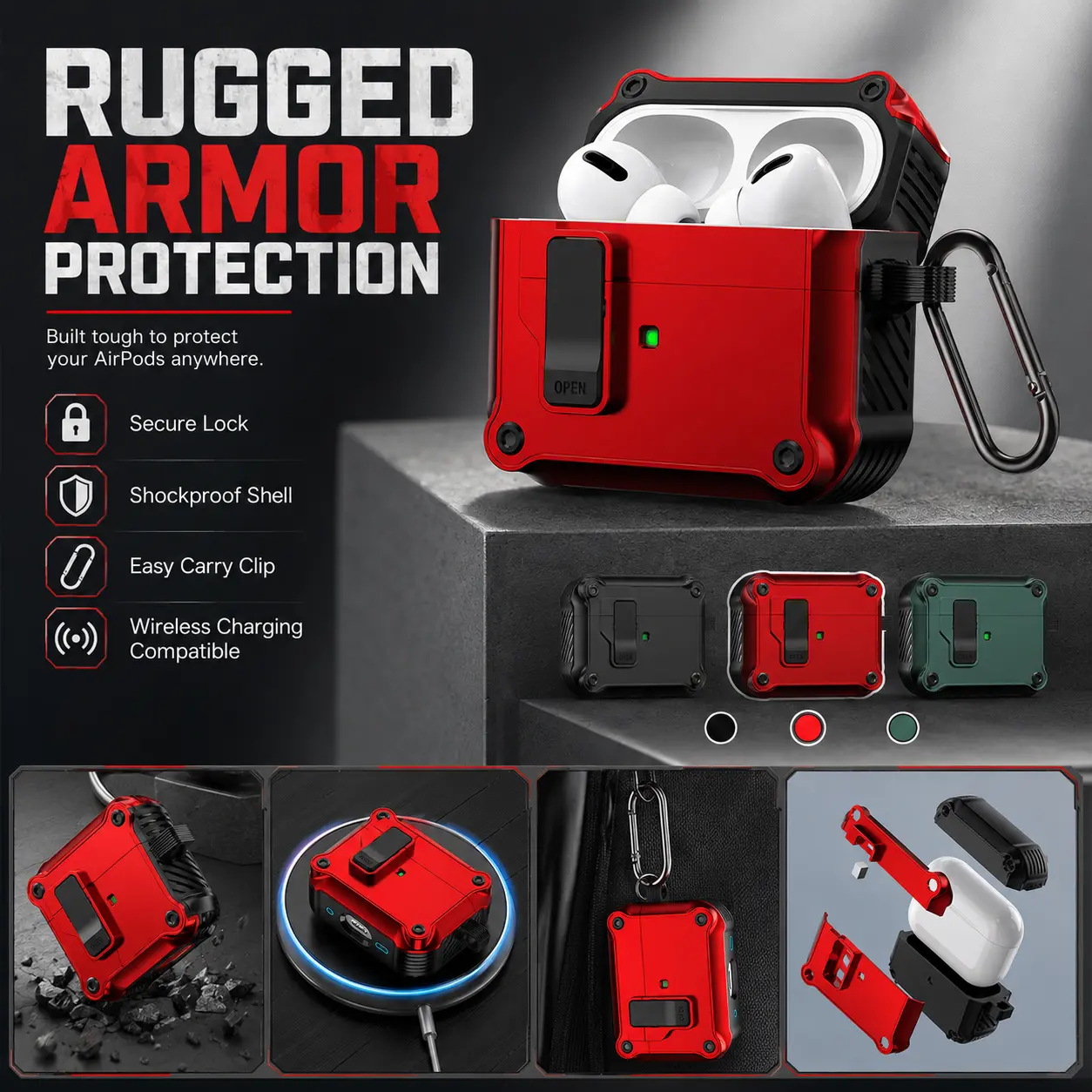 Rugged Armor Protection Case for AirPods Pro 3/2/1 & AirPods 4/3/2/1, Shockproof Hard Cover, Secure Lock Clip, Carabiner Keychain, Wireless Charging Compatible