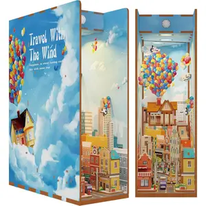 DIY Book Nook Kit for Adults,3D Wooden Puzzle Bookend Bookshelf Insert Library Decor, Booknook Miniature House Kit with Body Motion Sensor LED Light (Travel with The Wind)