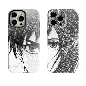 Attack on Titan Eren & Mikasa Sketch Style Couple Phone Case  for iPhone 17, 16, 15, 14, 13, 12, 11 Pro Air Plus ProMax and Samsung S26-S23 Plus shock-absorbing phone cases, fashionable gift. anime hot