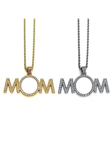 Customizable Mom Rhinestone Necklace, Personalized Photo Pendant, Mother's Day Gift (/silver Color/gold Silver Set)