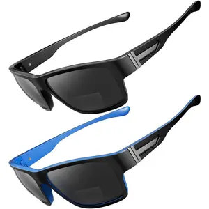 2 PACK Upgraded Unbreakable Bifocal Reading Sunglasses Men TR90 Frame Wrap Around Design Glasses UV400 Protection Outdoor Sun Reader /Driving (Black & Blue +2.5)