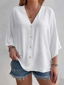 Women's V Neck Long Sleeve Loose Fit Casual Top Blouse Shirts, Spring 2026 New Style, Single Button Cardigan, Shawl Coat, Comfortable Leisure Wear