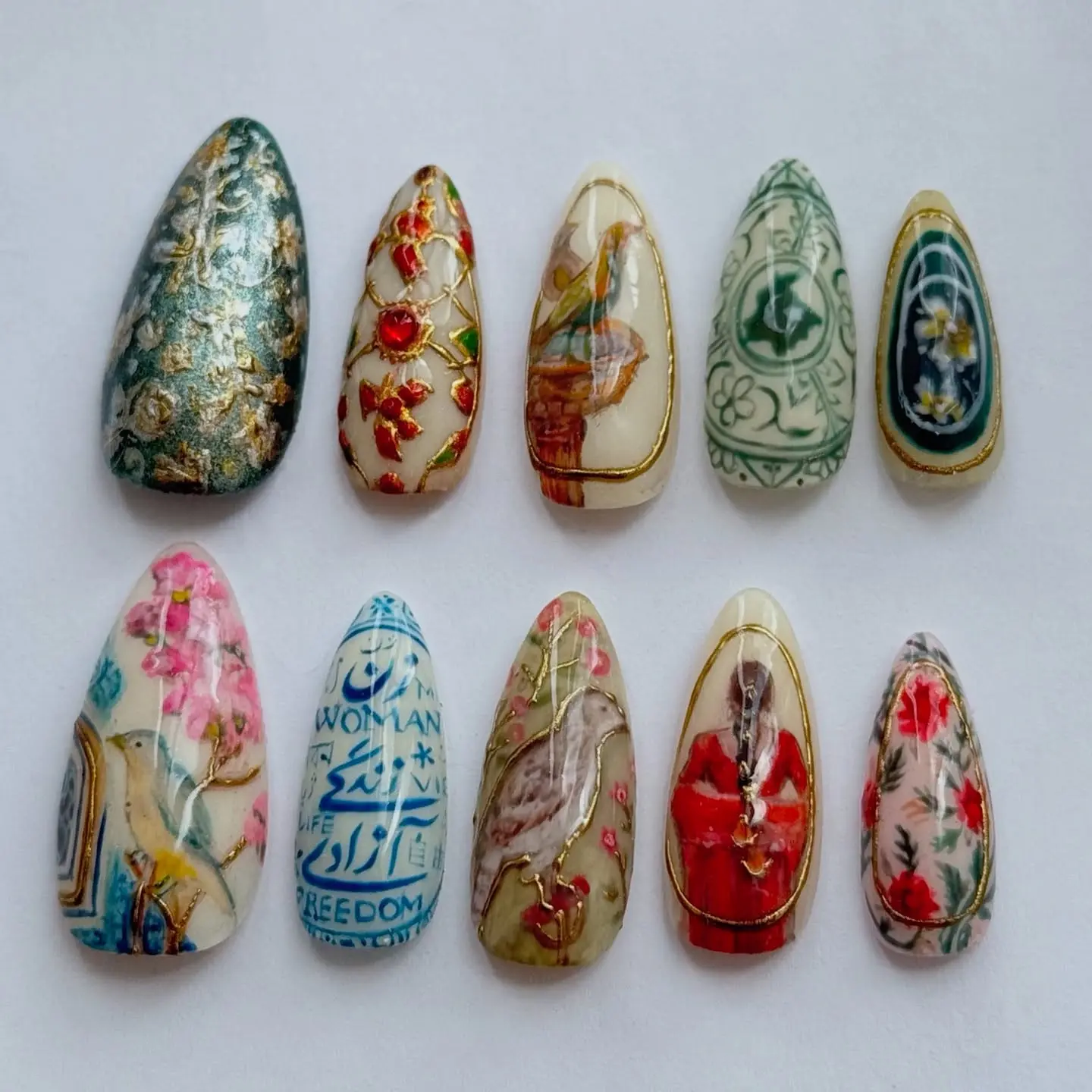 Asian Heritage Press On Nails, Vintage Floral Crane Porcelain Art Gold Accent Long Almond False Nail Set