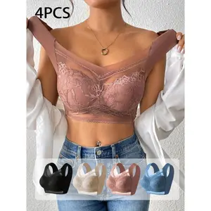 Colorful4pcsElegantFloralContrastLaceWirelessBraforWomen-ComfortableBreathableFullCoveragePush-UpUnderwear-FabricSexyWomenswear