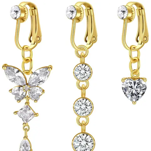 Women's Elegant Rhinestone Decor Fake Belly Button Rings Navel Ring, Exquisite Trendy Belly Piercing Jewelry with Butterfly & Heart Design, Fashionable for Women & Girls Body Jewellery