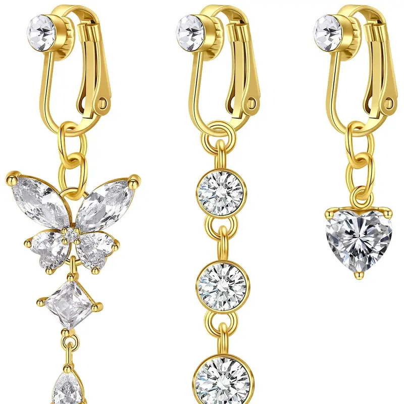 Women's Elegant Rhinestone Decor Fake Belly Button Rings Navel Ring, Exquisite Trendy Belly Piercing Jewelry with Butterfly & Heart Design, Fashionable for Women & Girls Body Jewellery