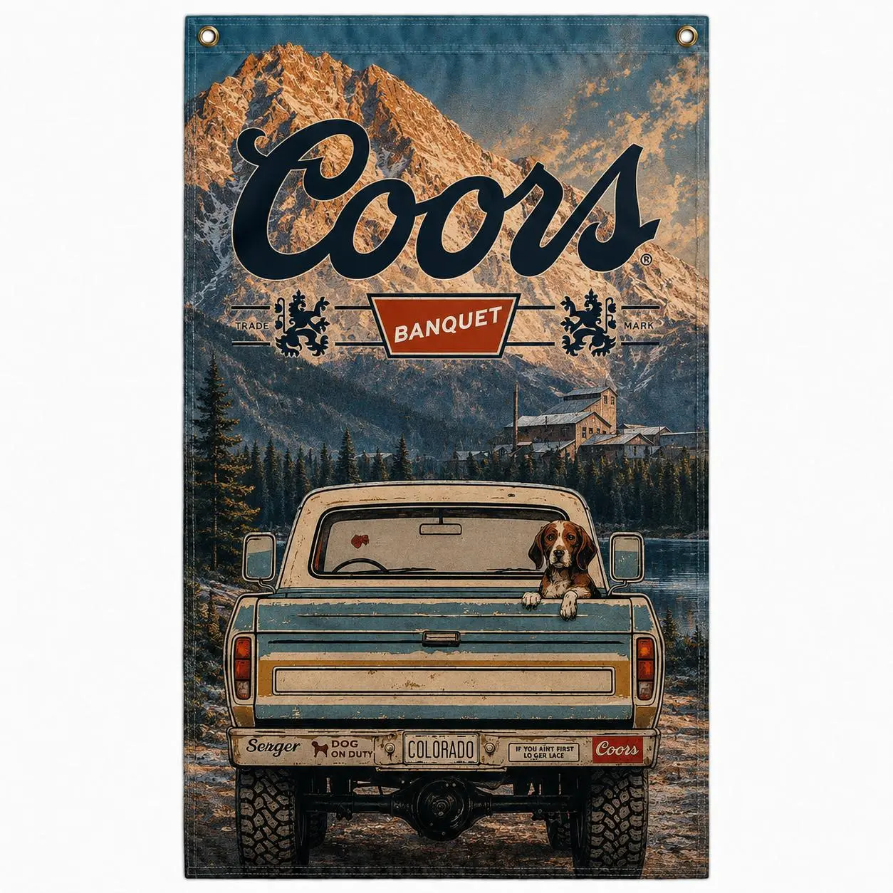 Coors Colorado Mountain Flag 3x5 Ft, Vintage Pickup Truck and Hunting Dog Beer Banner, Rustic Wall Decor for Cabin, Garage, Man Cave, Home Bar or Ranch