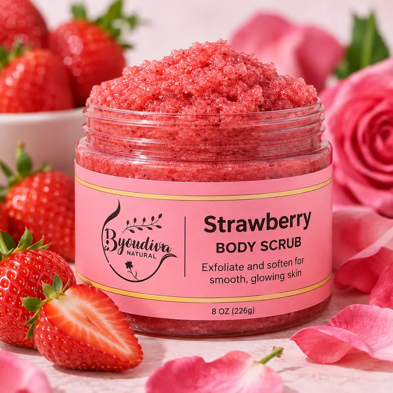 Rose & Strawberry Exfoliating Body Scrub 8 oz - Sugar Scrub with Coconut Oil, Sweet Almond Oil, Vitamin E for Soft, Smooth, Moisturized Skin; Floral Strawberry Scent, Dead Skin Treatment, Granular Exfoliant
