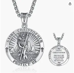 TANGPOET St Christopher Medal for Men 925 Sterling Silver Round St Christopher Necklace Mens Double Sided Saint Christopher Pendant Necklace Protection Jewelry Religious Gifts