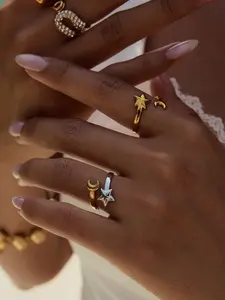 Ladies Ring Set With Gold And Silver Color Adjustable Opening Stainless Steel 18k Gold Plated Anti Allergy Cute Afternoon Tea Sweet And Cool Style Matching