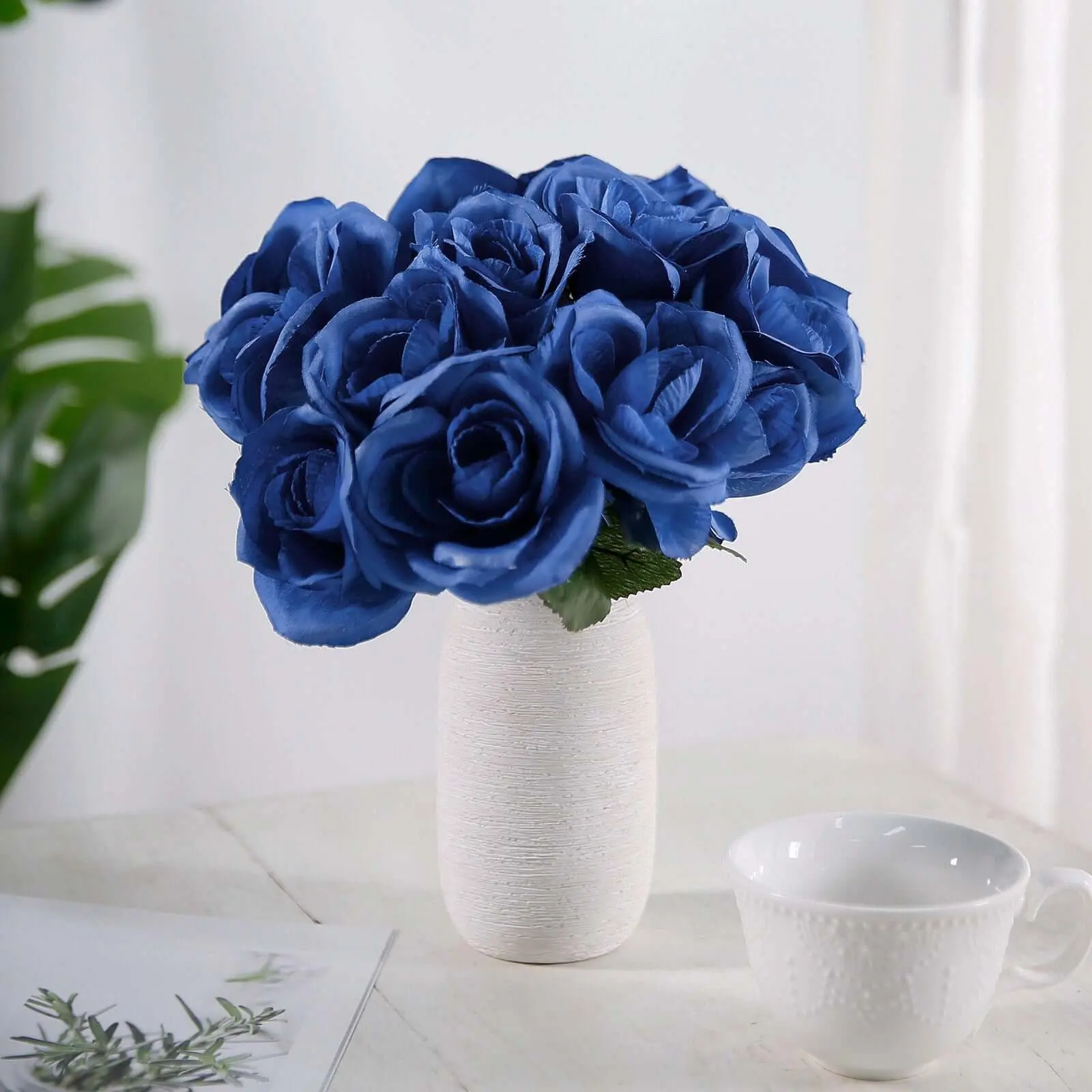 Royal Blue Velvet-Like Artificial Rose Bouquet, 12" Decorative Floral Arrangement