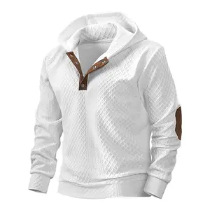Men's Colorblock Trim Hoodie with Textured Waffle Half-Zip Sweatshirt - White Brown Patchwork, Fashionable Casual Pullover, Versatile for Everyday Wear & Modern Styling
