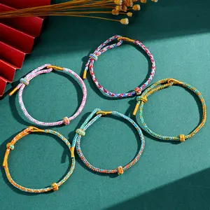 Boho Gradient Braided Bracelet Handmade Lotus Knot DIY Beadable Couple Lucky Bangle
