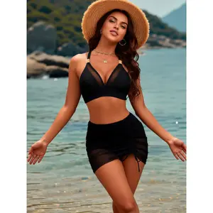 2026 Trendy 3 Piece Black Bikini Set for Women - Sheer Mesh Deep V Push Up Top with High Waisted Bottom & Ruched Drawstring Mesh Skirt Cover Up - Sexy Gold Hardware Swimwear Bathing Suit for Beach Vacation Pool Party Photoshoot