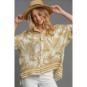 Umgee Full Size Tropical Print Button Down Shirt Plus Size