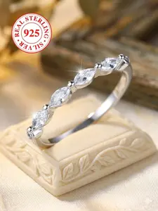 S925 Sterling Silver Ring, Geometric Design with Imitation Zircon Stones, Simple Elegant Daily Casual Jewelry Gift Box Included
