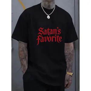 Men's Round Neck Black T-Shirt-Satan's Favorite Gothic Pattern Shirt-Bold Red Letter Print-Lightweight Concert Party Street Casual Top-Machine Washable Regular Impervious Fabric for Casual Attire All Seasons, Suitable for Christmas, Easter, Halloween