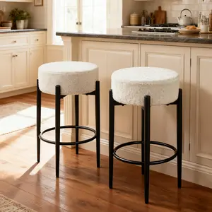New! 24" Modern Backless Bar Stools Set of 2 - Linen Upholstered, Swivel Counter Height Stools with Metal Footrest , Beige and Black for Kitchen Island and Dining Bar