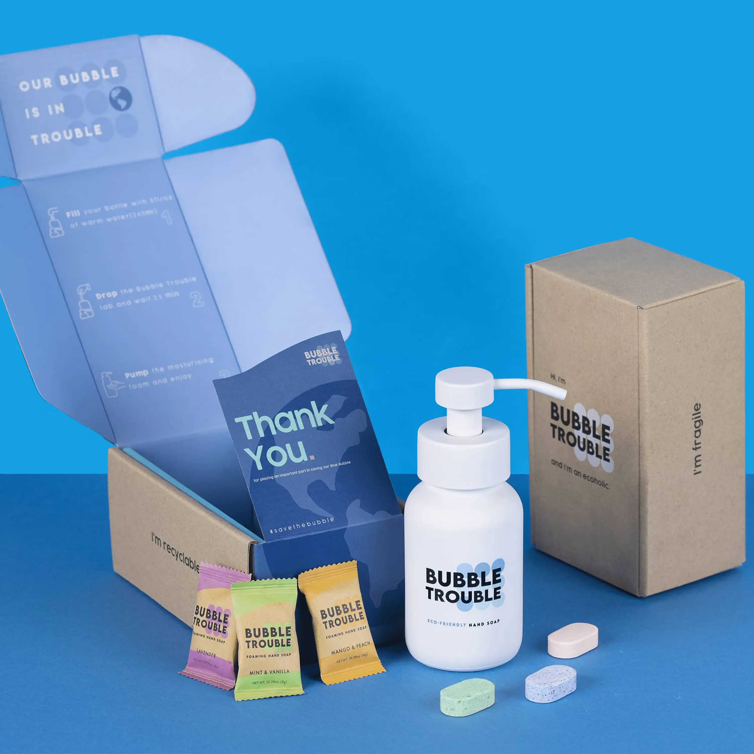 Bubble Trouble Hand Soap Pack - 1 Refillable Foaming Glass Bottle - 3 Tablet Refills - Eco Friendly - Plastic-Free - Variety Scents - 24 fl oz total (Makes 3 x 8 fl oz bottles of soap)