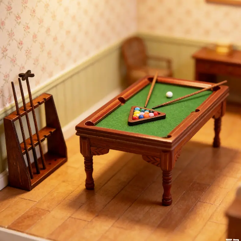 12 Dollhouse Miniature Wooden Billiard Table Set for Micro Scene Photography Prop Includes Table Cues Rack Billiard Balls Doll Accessories Gift