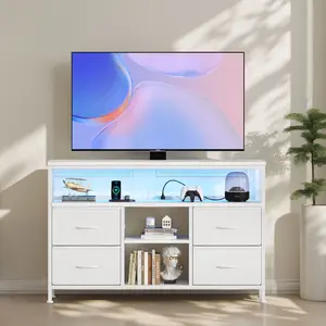TV Stand Dresser with 4 Drawers & LED Lights, Media Console with Power Outlets for 50 Inch TV, Bedroom/Living Room Furniture with Open Shelf & Adjustable Feet
