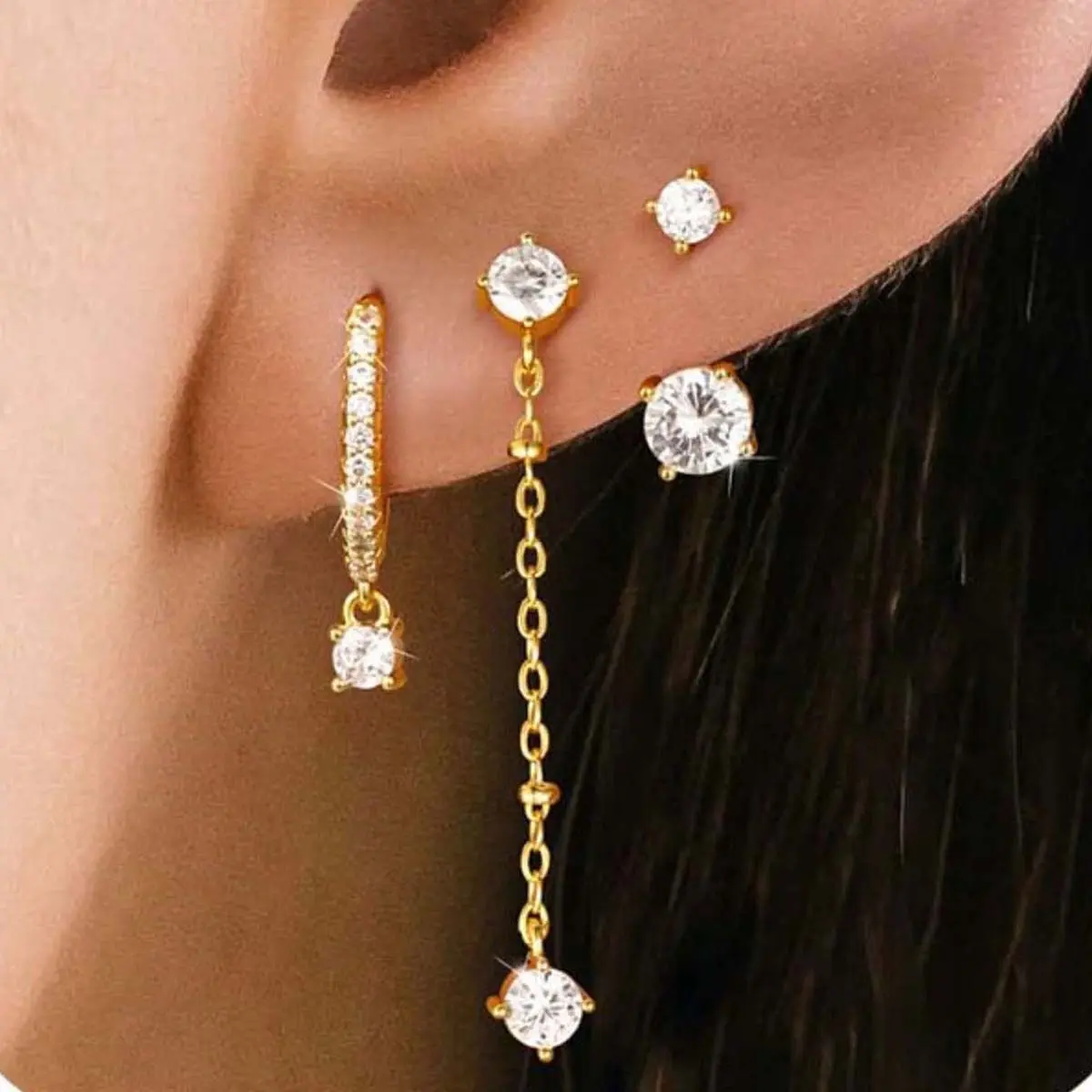 Unisex 3-Piece Artificial Zirconia Earrings Set - Stackable Casual Shining Unique Jewelry for Single Ear Styling, Daily Wear, Casual Earrings Set, Unique Earrings, Shining Earrings