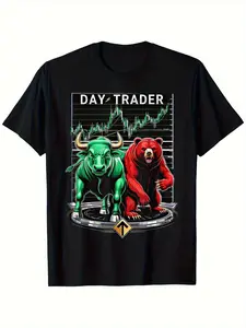 Men's Funny Stock Market T-Shirt - Bull & Bear Chart with Candlestick Graphs & Day Trader Slogan - Finance-Themed Gift for Traders, Investors - Green Bull & Red Bear Stock Exchange Design - Machine Washable Casual Round Neck Tee