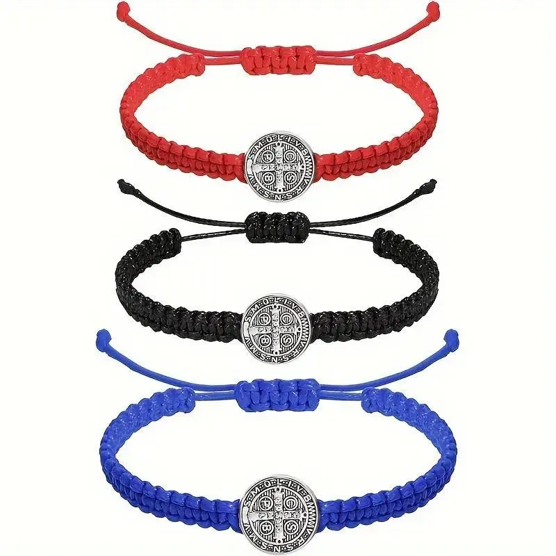 Men's 2-Pack Catholic Saint Medal Adjustable Black-Red String Bracelets, Sporty Chic Religious Faith Jewelry, Mensfashion Sports Wristbands, Men's Accessories Gift, Two Packs, Matching Pairs