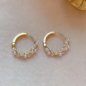 Gold-Toned Pearl Hoop Earrings | Twisted Vine Design | Dainty Huggie Earrings for Women